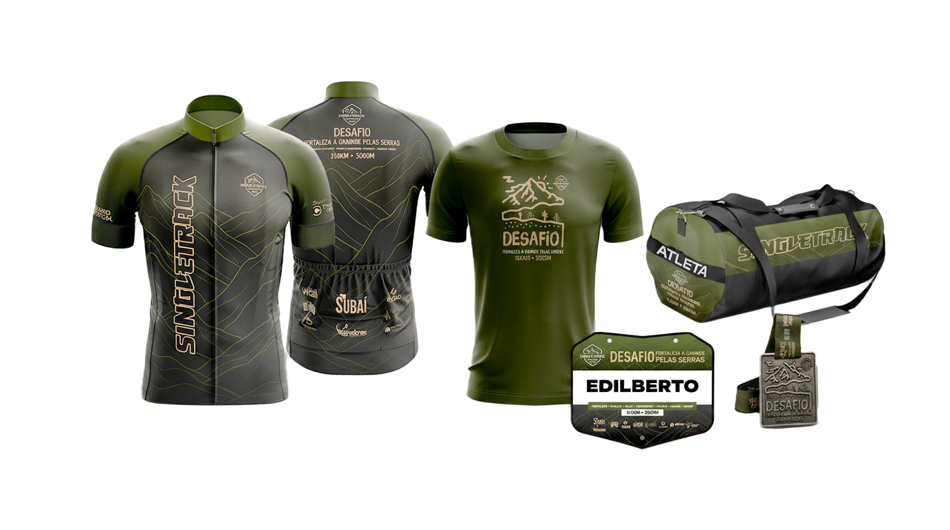 Kit oficial do Desafio Singletrack: jersey de ciclismo, camisa casual, bolsa de atleta, placa personalizada e medalha