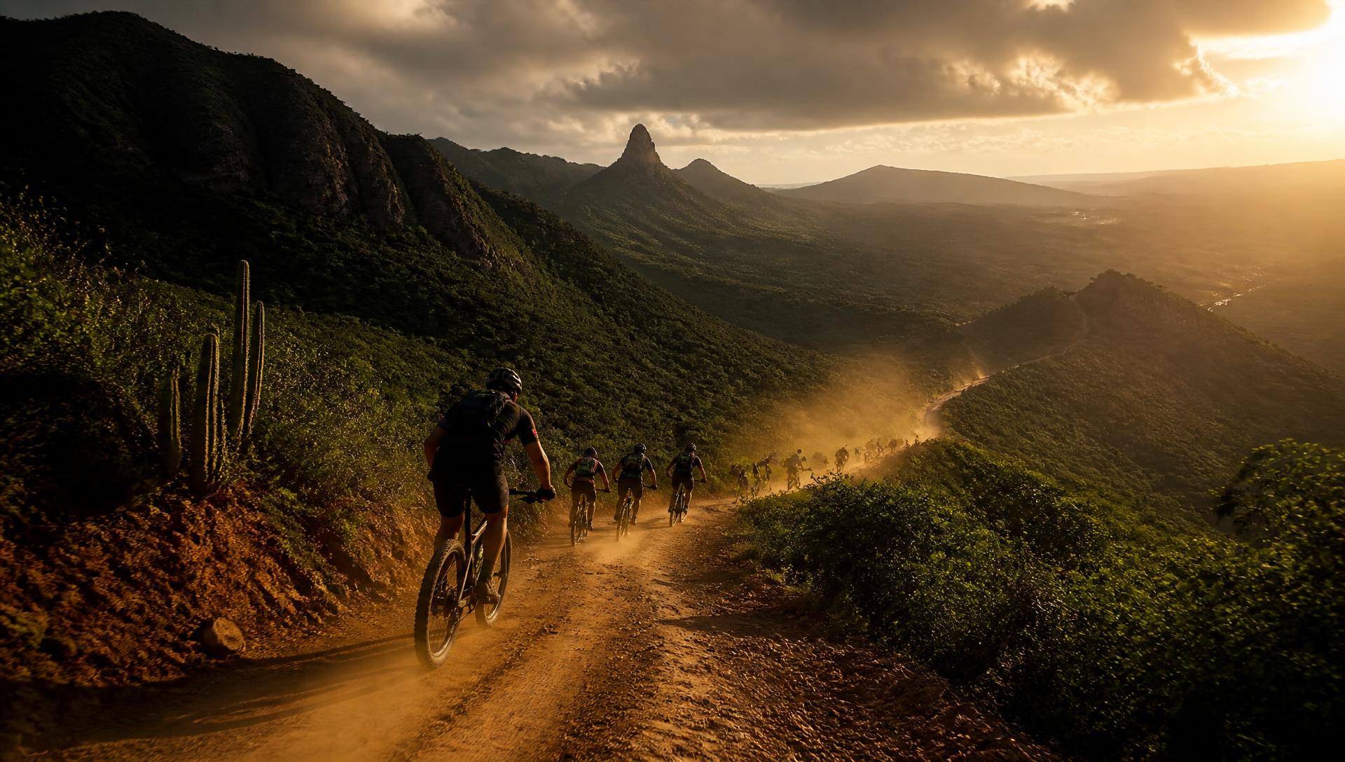 Grupo de ciclistas em estrada de terra nas serras do Ceará ao pôr do sol
